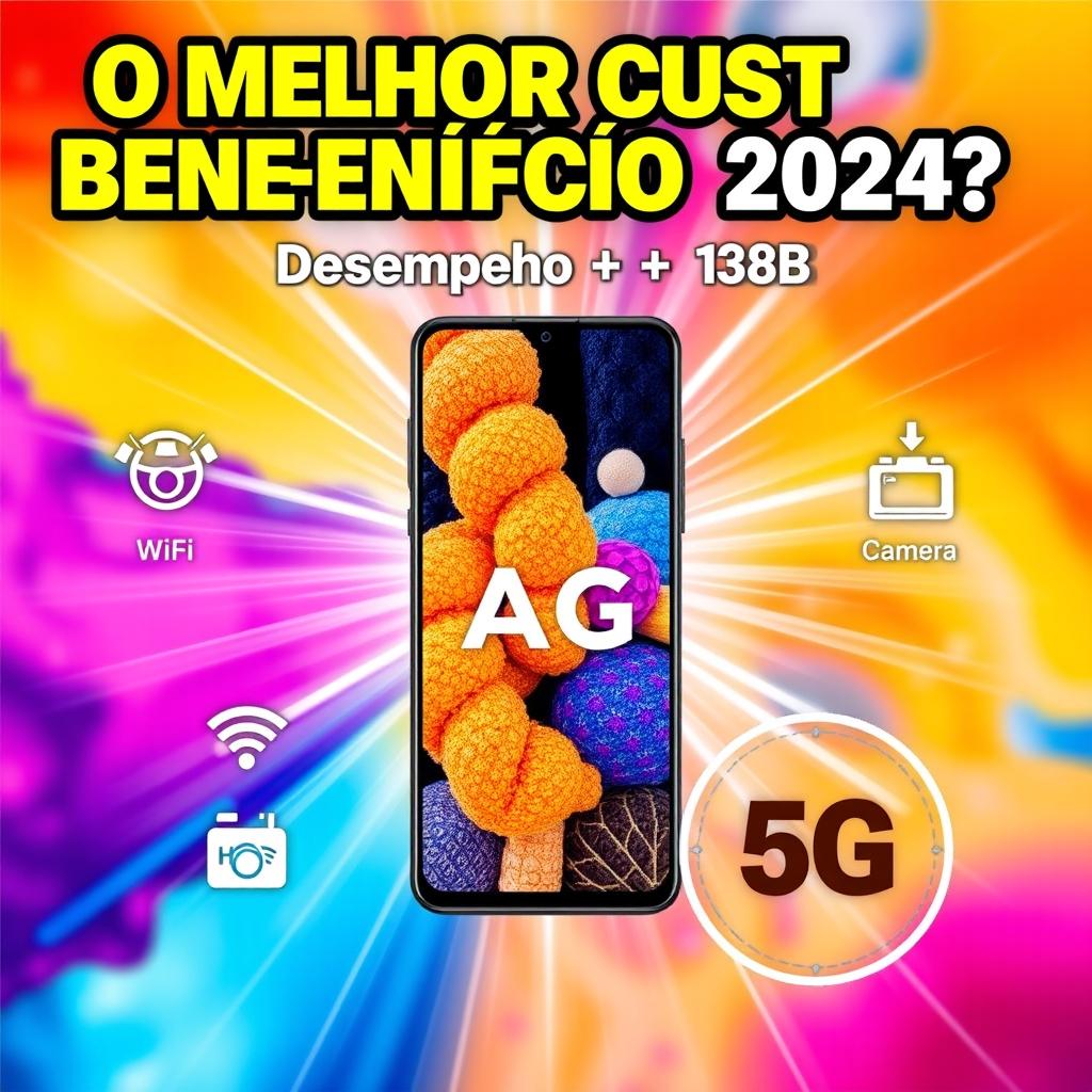 A Samsung Galaxy A15 5G placed centrally on a vibrant background