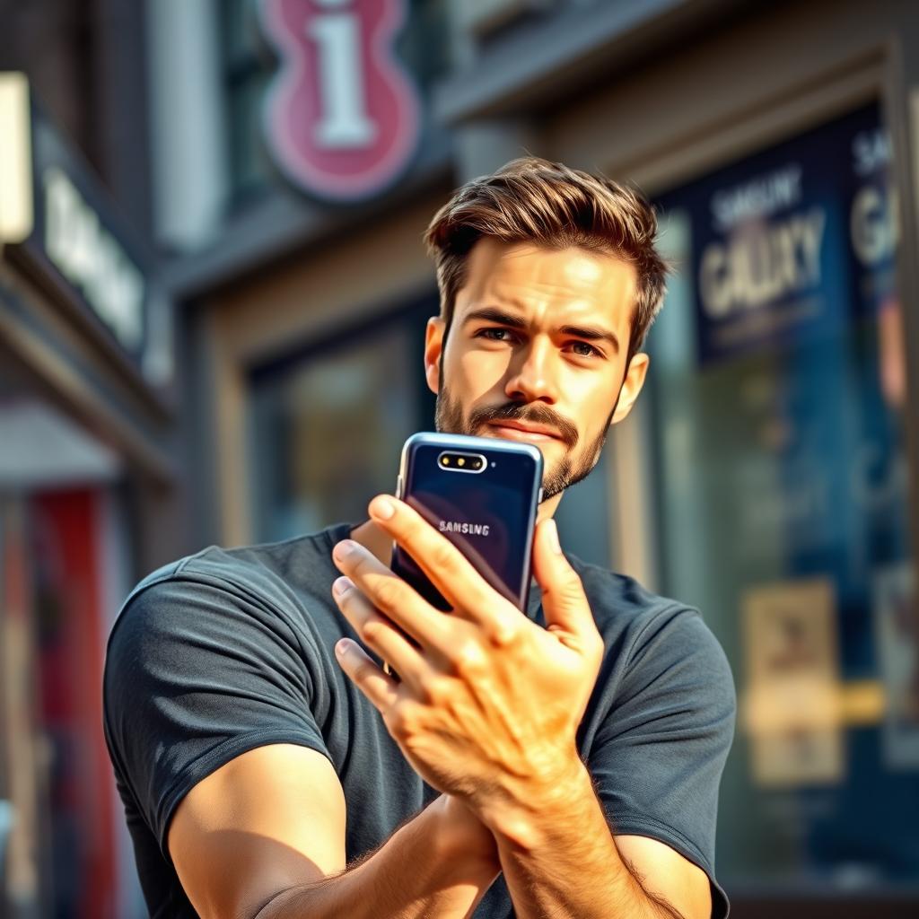 A realistic man holding a Samsung Galaxy smartphone, showcasing modern design and features, standing in an urban environment