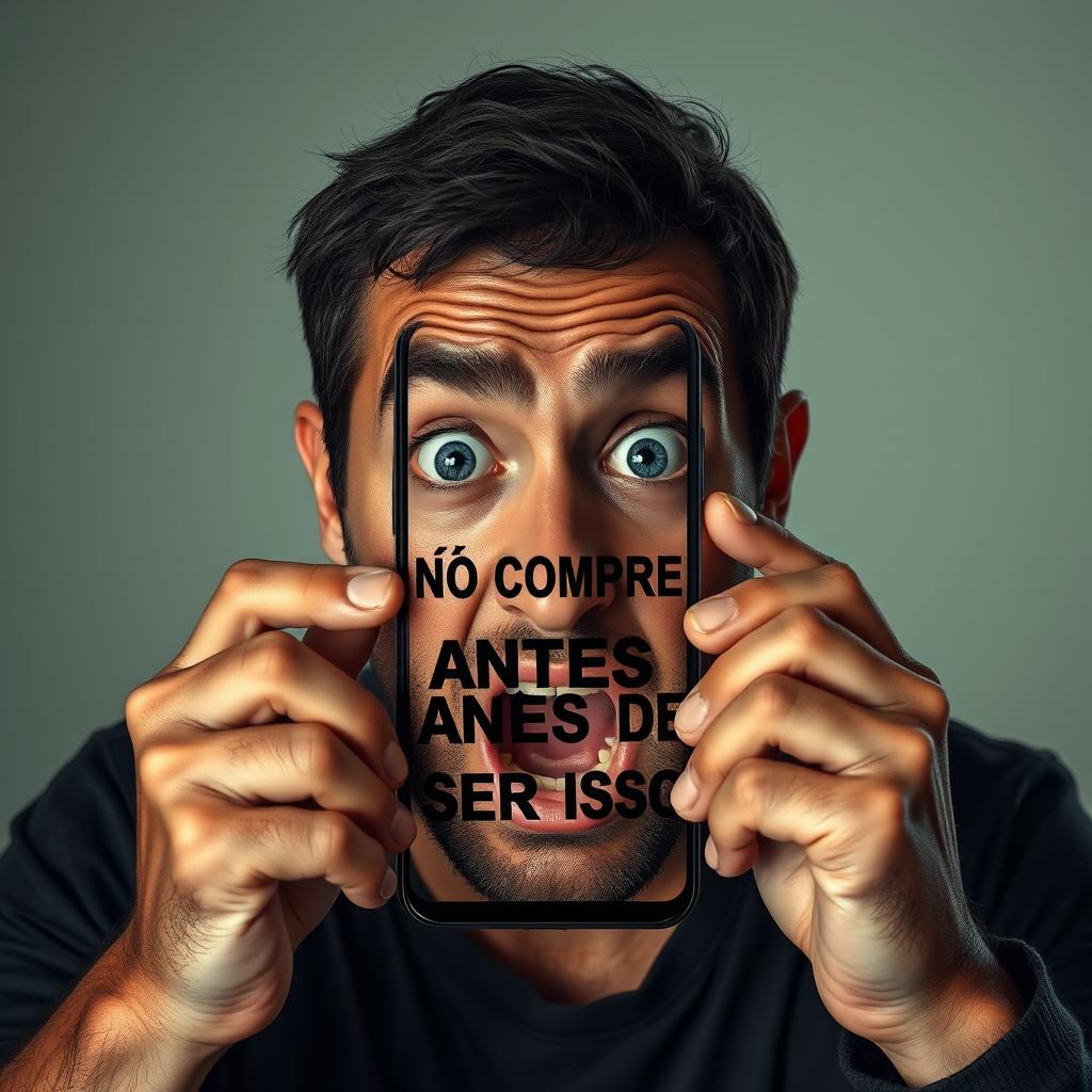 A highly realistic depiction of a man with a frightened expression, holding a Samsung Galaxy A15