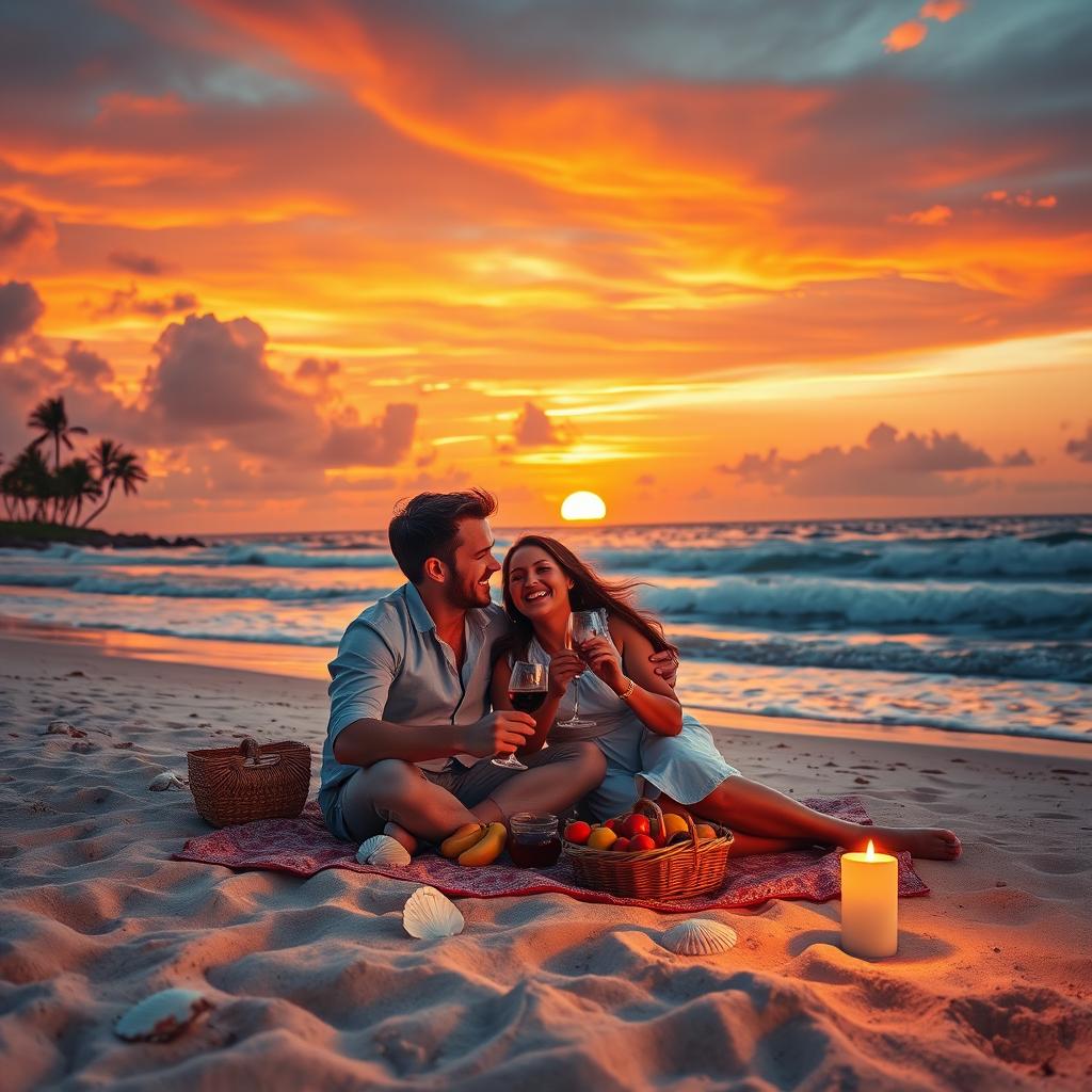 A captivating scene featuring a couple enjoying a romantic sunset on the beach, sitting close together on a blanket, with waves gently crashing in the background