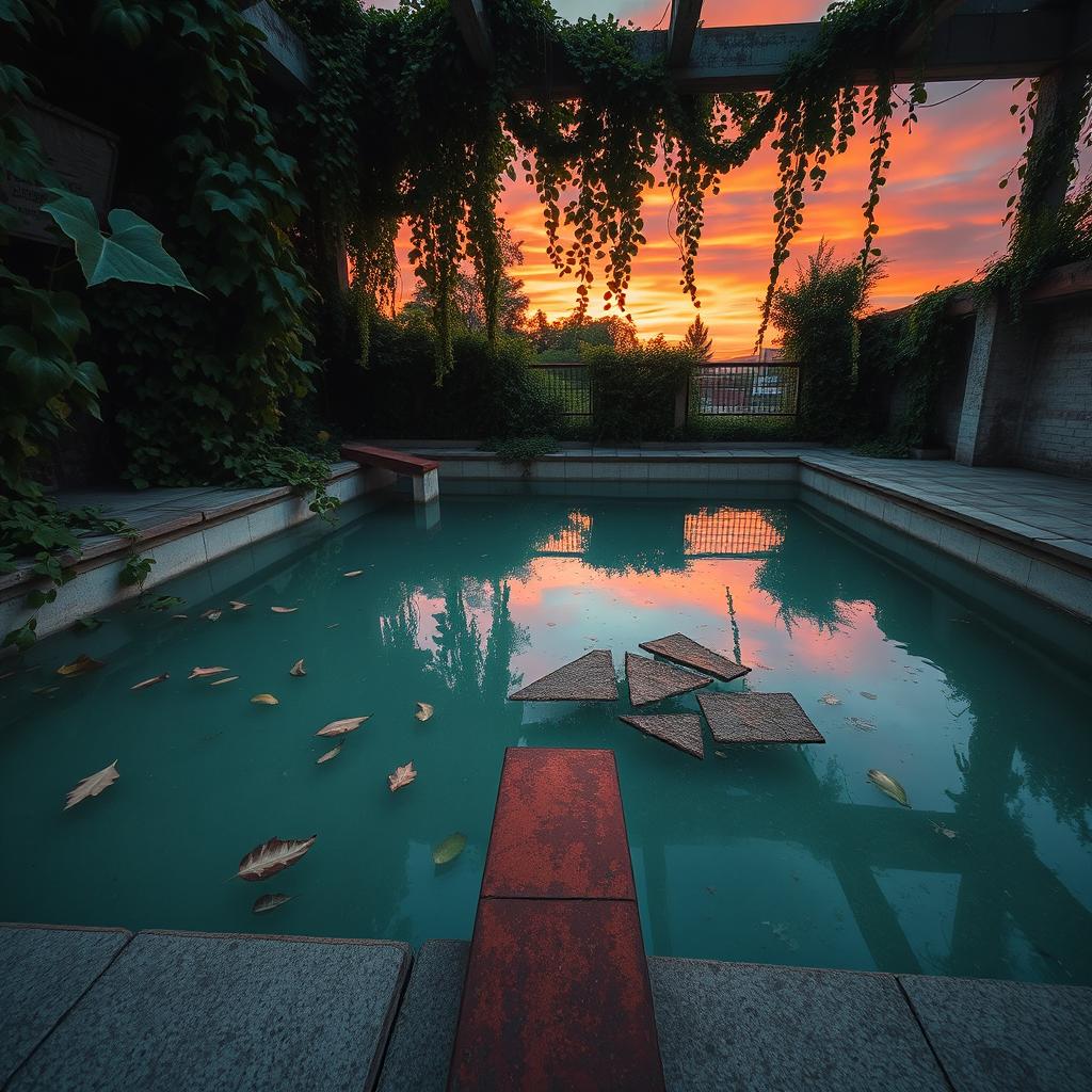 Eerie Beauty: Abandoned Swimming Pool at Dusk