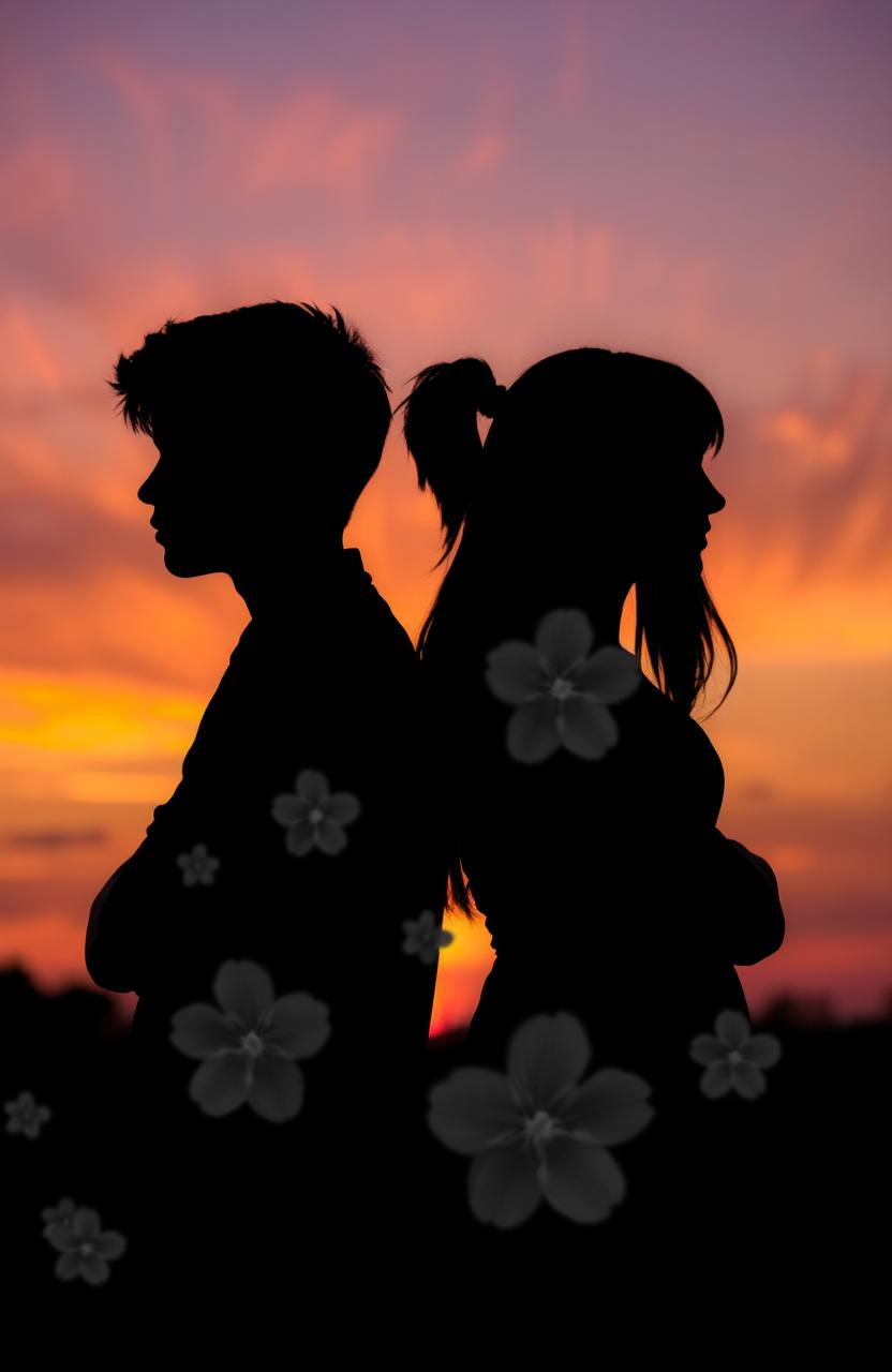 A silhouette of two teenagers, a boy and a girl, standing back to back