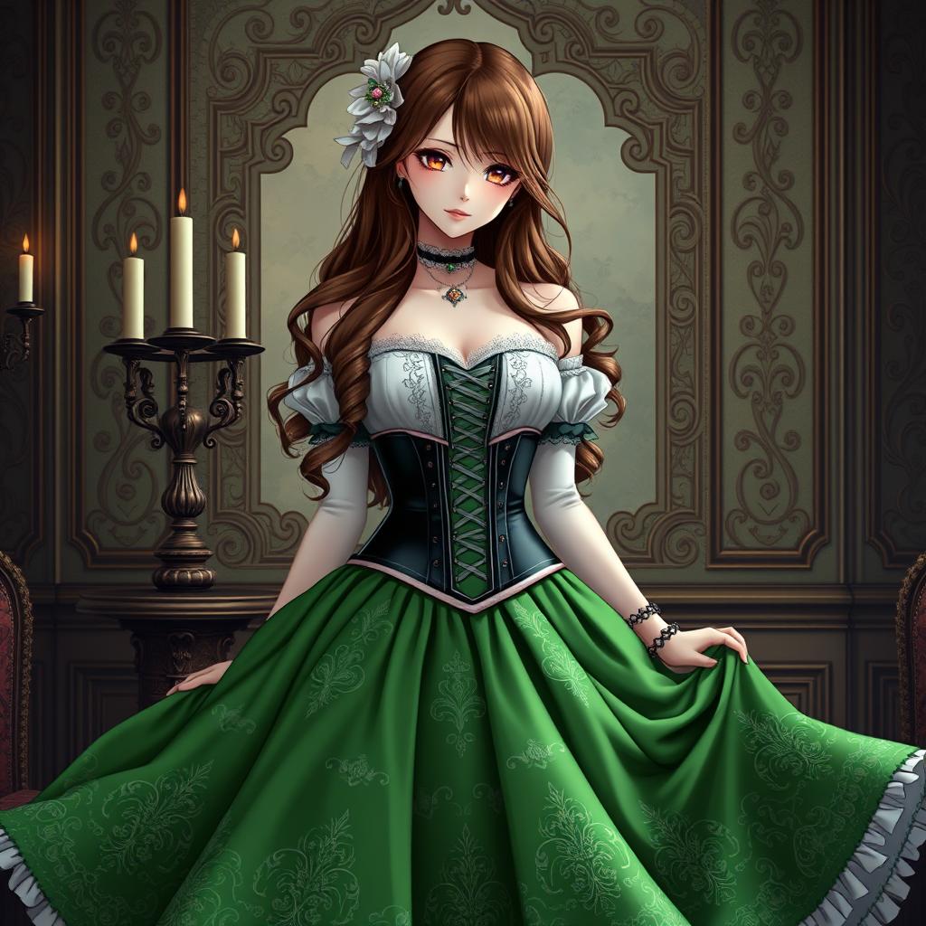 A gothic Victorian maiden anime girl clad in a tightly laced corset that accentuates her figure, paired with a delicate white bodice or chemisette beneath