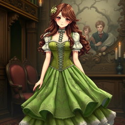 A gothic Victorian maiden anime girl clad in a tightly laced corset that accentuates her figure, paired with a delicate white bodice or chemisette beneath