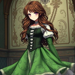 A gothic Victorian maiden anime girl clad in a tightly laced corset that accentuates her figure, paired with a delicate white bodice or chemisette beneath