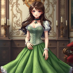 A gothic Victorian maiden anime girl clad in a tightly laced corset that accentuates her figure, paired with a delicate white bodice or chemisette beneath