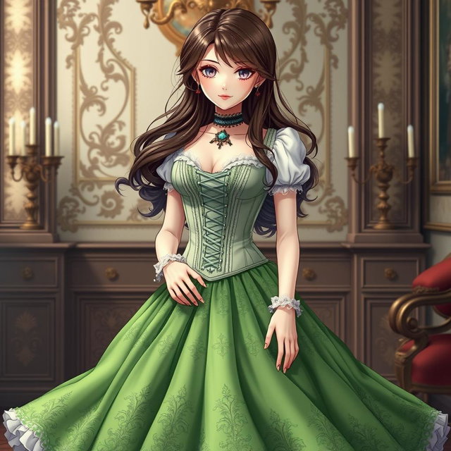 A gothic Victorian maiden anime girl clad in a tightly laced corset that accentuates her figure, paired with a delicate white bodice or chemisette beneath