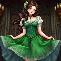 A gothic Victorian maiden anime girl elegantly dressed in a tightly laced corset over a delicate white bodice or chemisette