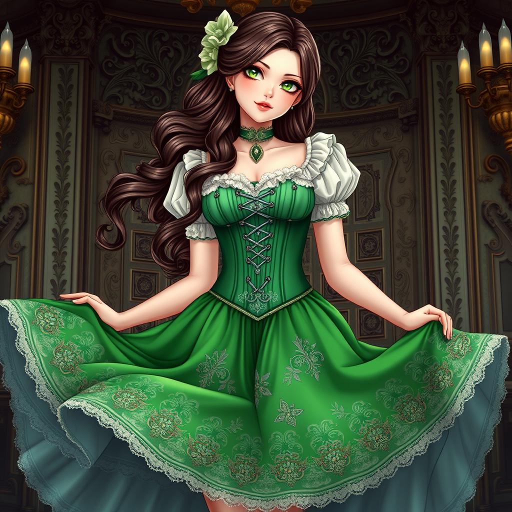 A gothic Victorian maiden anime girl elegantly dressed in a tightly laced corset over a delicate white bodice or chemisette