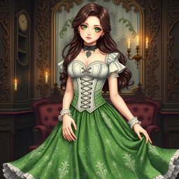 A gothic Victorian maiden anime girl elegantly dressed in a tightly laced corset over a delicate white bodice or chemisette