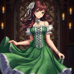 A gothic Victorian maiden anime girl elegantly dressed in a tightly laced corset over a delicate white bodice or chemisette