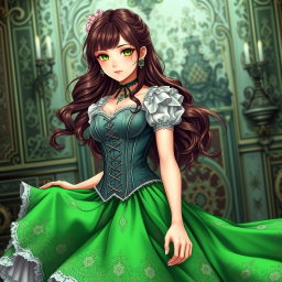 A gothic Victorian maiden anime girl elegantly dressed in a tightly laced corset over a delicate white bodice or chemisette