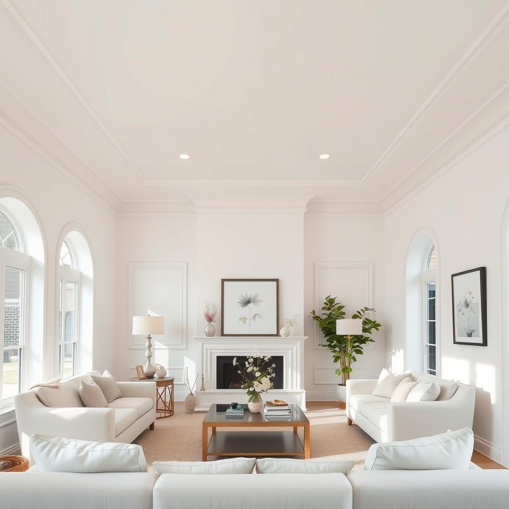 A beautifully designed room featuring white-gray walls and a ceiling painted in the same white-gray color, creating a seamless color palette