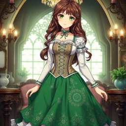 A gothic Victorian maiden anime girl elegantly attired in a tightly laced corset over a delicate white bodice or chemisette