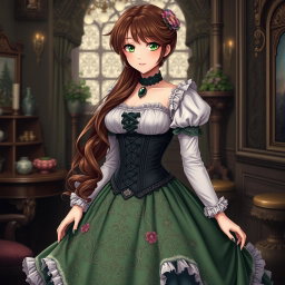 A gothic Victorian maiden anime girl elegantly attired in a tightly laced corset over a delicate white bodice or chemisette