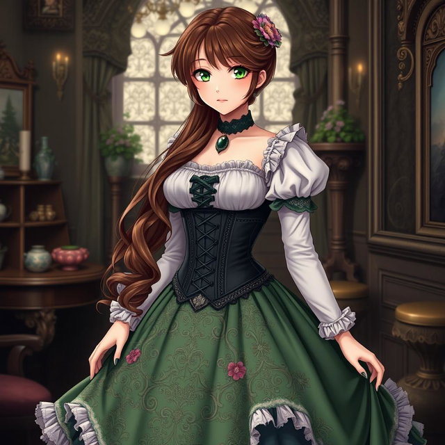 A gothic Victorian maiden anime girl elegantly attired in a tightly laced corset over a delicate white bodice or chemisette