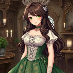 A gothic Victorian maiden anime girl elegantly attired in a tightly laced corset over a delicate white bodice or chemisette