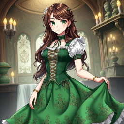 A gothic Victorian maiden anime girl elegantly attired in a tightly laced corset over a delicate white bodice or chemisette