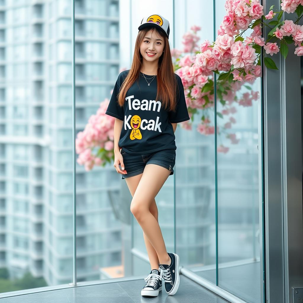 A beautiful Korean woman wearing a black t-shirt with the text "Team Kocak" and a big laughing emoji, paired with black denim shorts and sneakers