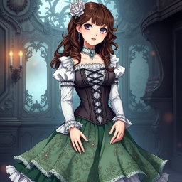 A gothic Victorian maiden anime girl depicted in a tightly laced corset that beautifully accentuates her figure, layered over a delicate white bodice or chemisette