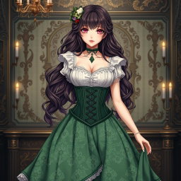 A gothic Victorian maiden anime girl depicted in a tightly laced corset that beautifully accentuates her figure, layered over a delicate white bodice or chemisette