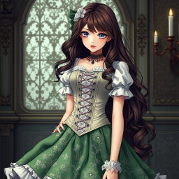 A gothic Victorian maiden anime girl depicted in a tightly laced corset that beautifully accentuates her figure, layered over a delicate white bodice or chemisette