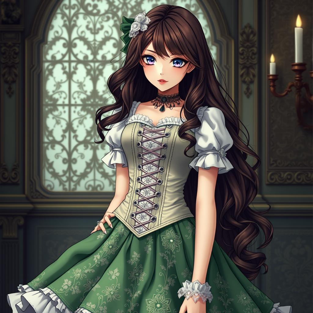 A gothic Victorian maiden anime girl depicted in a tightly laced corset that beautifully accentuates her figure, layered over a delicate white bodice or chemisette