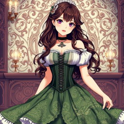 A gothic Victorian maiden anime girl depicted in a tightly laced corset that beautifully accentuates her figure, layered over a delicate white bodice or chemisette