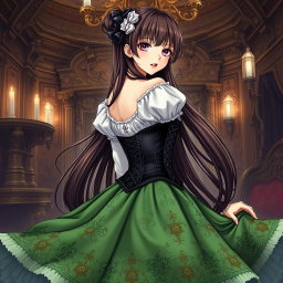 A gothic Victorian maiden anime girl dressed in a tightly laced black corset that enhances her figure, elegantly layered over a delicate white bodice or chemisette
