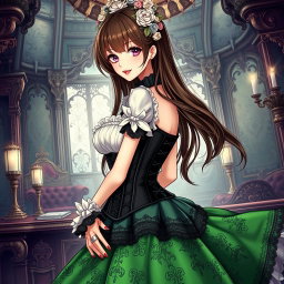 A gothic Victorian maiden anime girl dressed in a tightly laced black corset that enhances her figure, elegantly layered over a delicate white bodice or chemisette