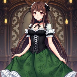 A gothic Victorian maiden anime girl dressed in a tightly laced black corset that enhances her figure, elegantly layered over a delicate white bodice or chemisette
