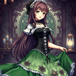 A gothic Victorian maiden anime girl dressed in a tightly laced black corset that enhances her figure, elegantly layered over a delicate white bodice or chemisette
