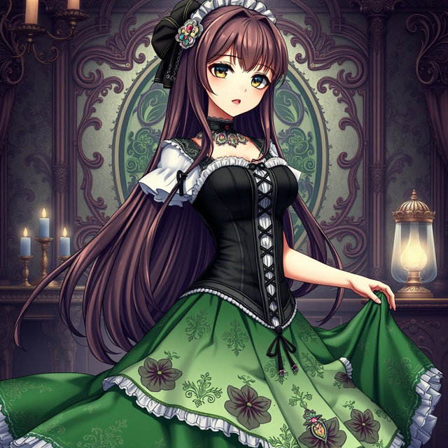A gothic Victorian maiden anime girl dressed in a tightly laced black corset that enhances her figure, elegantly layered over a delicate white bodice or chemisette