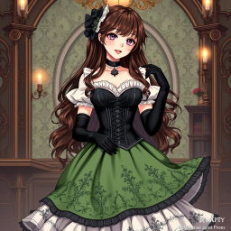 A gothic Victorian maiden anime girl styled in a tightly laced black corset that beautifully enhances her silhouette, layered over a delicate white bodice or chemisette