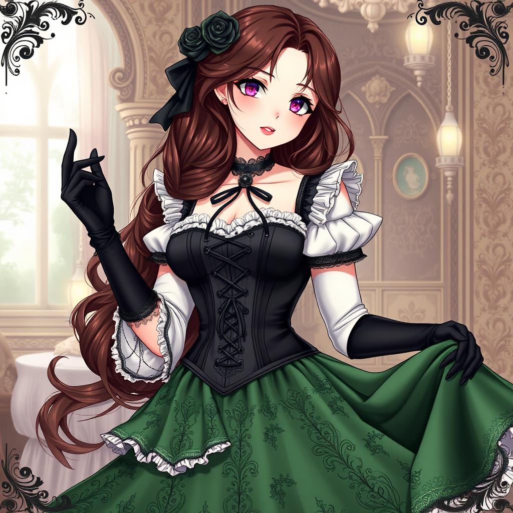 A gothic Victorian maiden anime girl styled in a tightly laced black corset that beautifully enhances her silhouette, layered over a delicate white bodice or chemisette