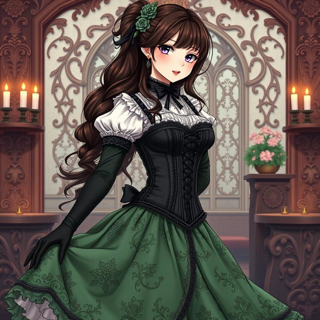 A gothic Victorian maiden anime girl styled in a tightly laced black corset that beautifully enhances her silhouette, layered over a delicate white bodice or chemisette