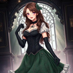 A gothic Victorian maiden anime girl styled in a tightly laced black corset that beautifully enhances her silhouette, layered over a delicate white bodice or chemisette