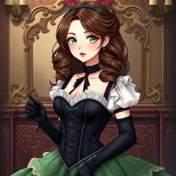 A gothic Victorian maiden anime girl with a striking appearance, dressed in a tightly laced black corset that elegantly enhances her figure, layered over a delicate white bodice or chemisette