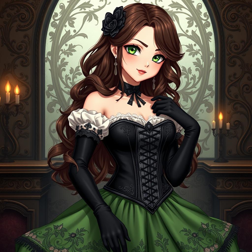 A gothic Victorian maiden anime girl with a striking appearance, dressed in a tightly laced black corset that elegantly enhances her figure, layered over a delicate white bodice or chemisette