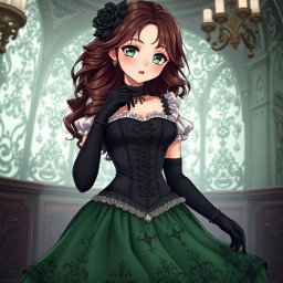 A gothic Victorian maiden anime girl with a striking appearance, dressed in a tightly laced black corset that elegantly enhances her figure, layered over a delicate white bodice or chemisette