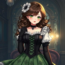 A gothic Victorian maiden anime girl with a striking appearance, dressed in a tightly laced black corset that elegantly enhances her figure, layered over a delicate white bodice or chemisette