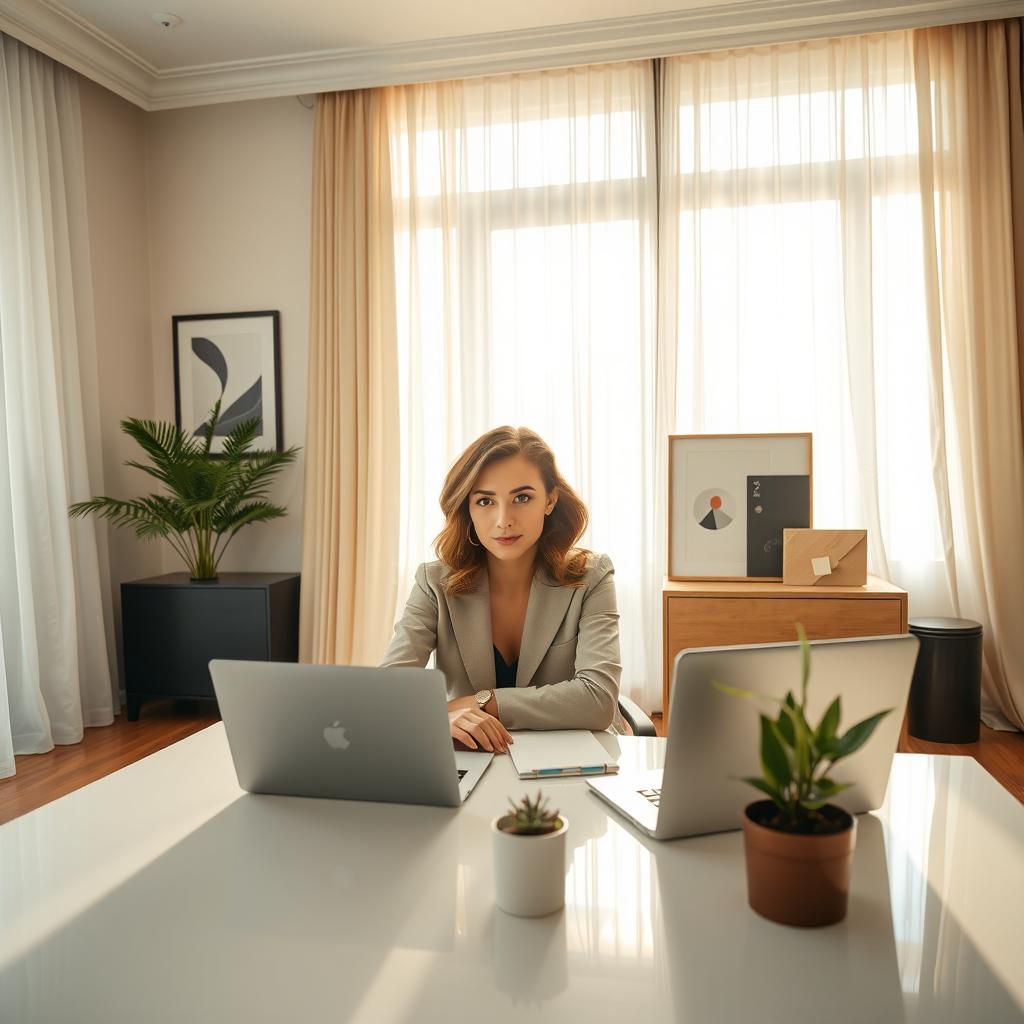 An elegant room filled with natural light, the focus on a person sitting at a stylish desk adorned with minimalistic office supplies