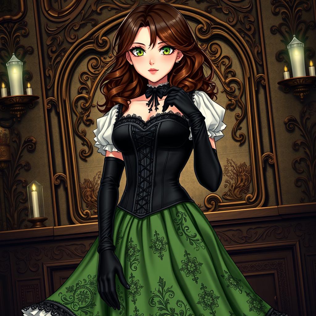 A gothic Victorian maiden anime girl dressed in a tightly laced black corset that beautifully highlights her figure, layered over a delicate white bodice or chemisette