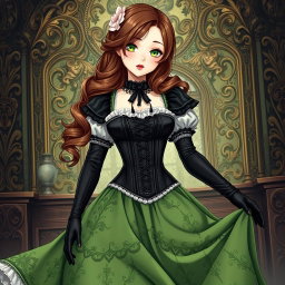 A gothic Victorian maiden anime girl dressed in a tightly laced black corset that beautifully highlights her figure, layered over a delicate white bodice or chemisette