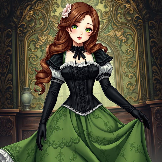 A gothic Victorian maiden anime girl dressed in a tightly laced black corset that beautifully highlights her figure, layered over a delicate white bodice or chemisette
