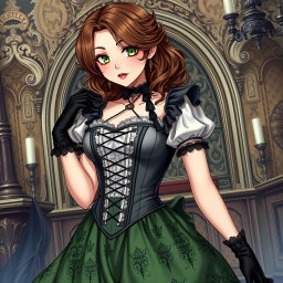 A gothic Victorian maiden anime girl dressed in a tightly laced black corset that beautifully highlights her figure, layered over a delicate white bodice or chemisette