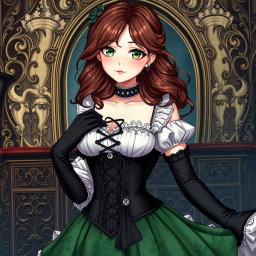 A gothic Victorian maiden anime girl dressed in a tightly laced black corset that beautifully highlights her figure, layered over a delicate white bodice or chemisette