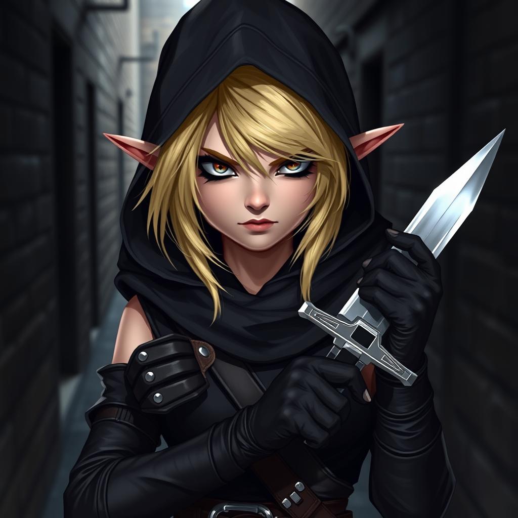 A female halfling rogue with striking blonde hair, dressed in sleek black clothing with a hood that partially obscures her face