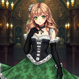 A gothic Victorian maiden anime girl, elegantly dressed in a tightly laced black corset that defines her figure, layered over a delicate white bodice or chemisette