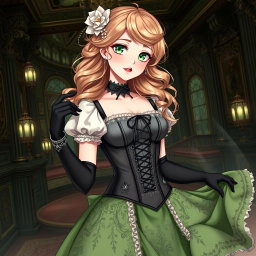A gothic Victorian maiden anime girl, elegantly dressed in a tightly laced black corset that defines her figure, layered over a delicate white bodice or chemisette